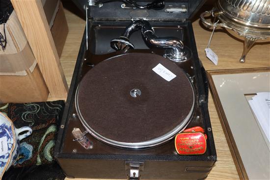 An HMV table top wind-up gramophone